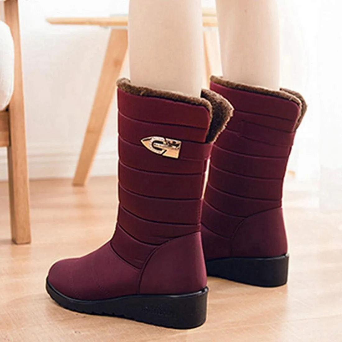VOKLIN Women's Winter Mid Wide Calf Snow Boots Waterproof Rain Slip On Lightweight Warm Fur Cold Weather Boot