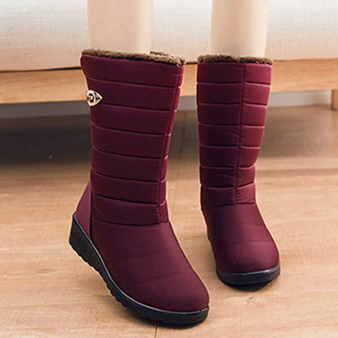VOKLIN Women's Winter Mid Wide Calf Snow Boots Waterproof Rain Slip On Lightweight Warm Fur Cold Weather Boot