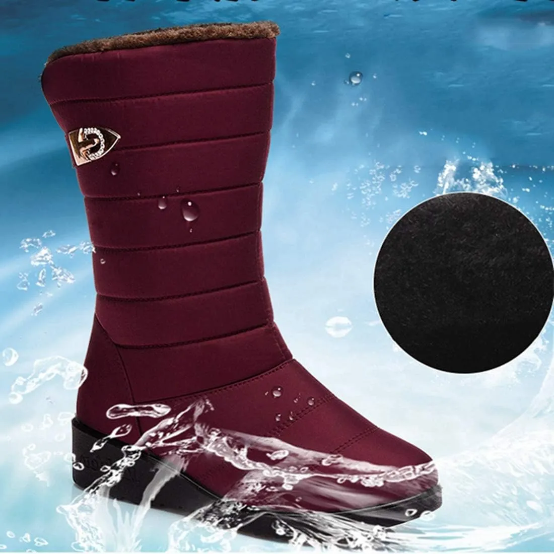 VOKLIN Women's Winter Mid Wide Calf Snow Boots Waterproof Rain Slip On Lightweight Warm Fur Cold Weather Boot