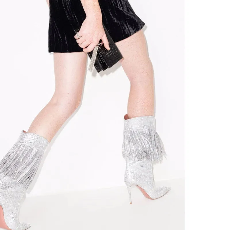 Winter Glam High Heel Rhinestone Suede Knee Boots