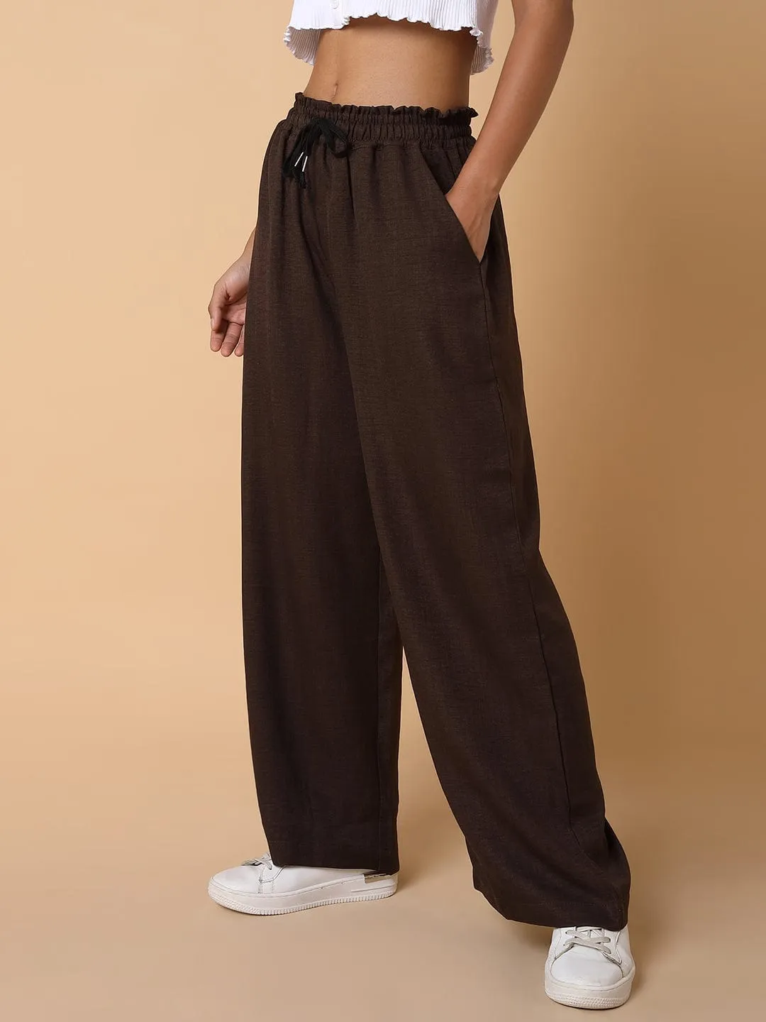 Women Brown Comfort Slim Fit Parallel Trousers