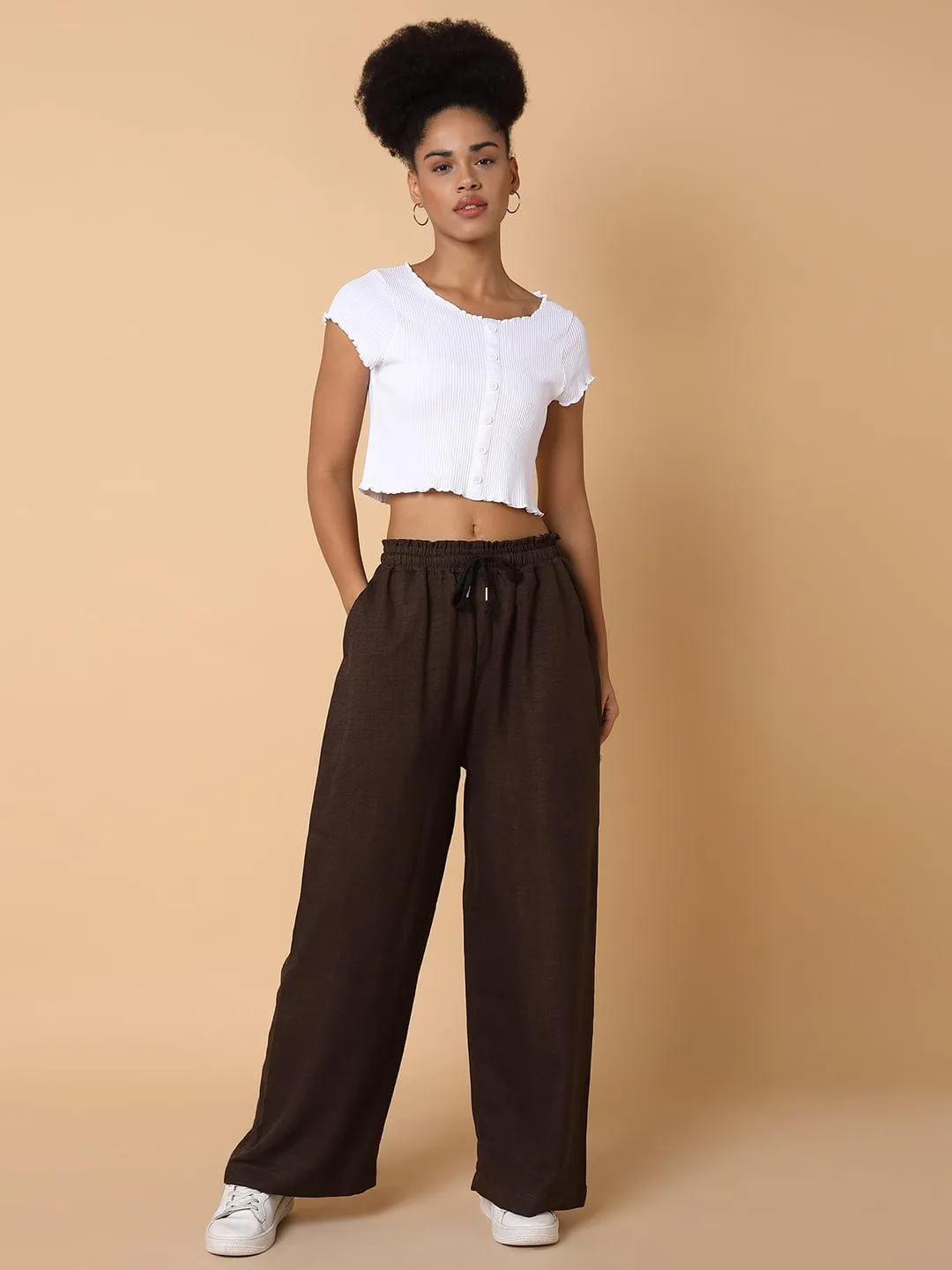 Women Brown Comfort Slim Fit Parallel Trousers