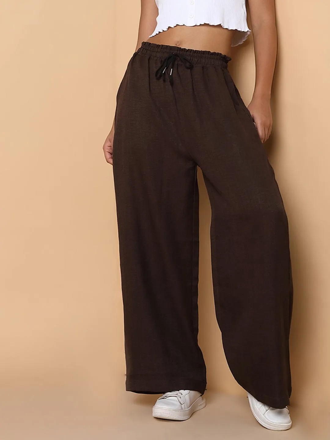 Women Brown Comfort Slim Fit Parallel Trousers