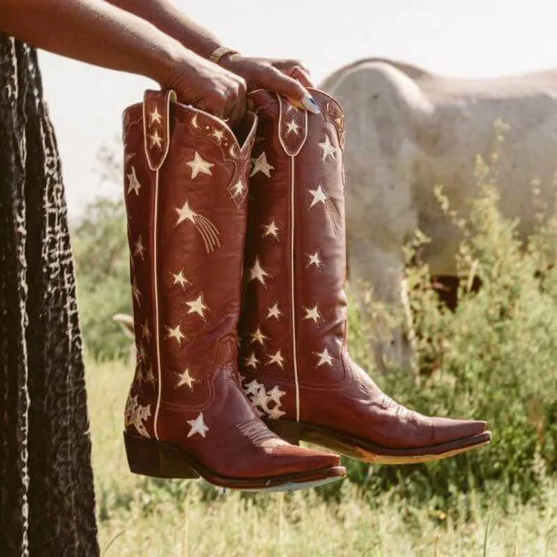 Women Stars Embroidered Cowboy Boots Trendy Chunky Knee High Cowgirl Boots