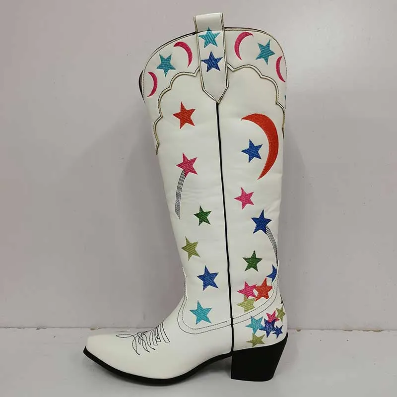 Women Stars Embroidered Cowboy Boots Trendy Chunky Knee High Cowgirl Boots