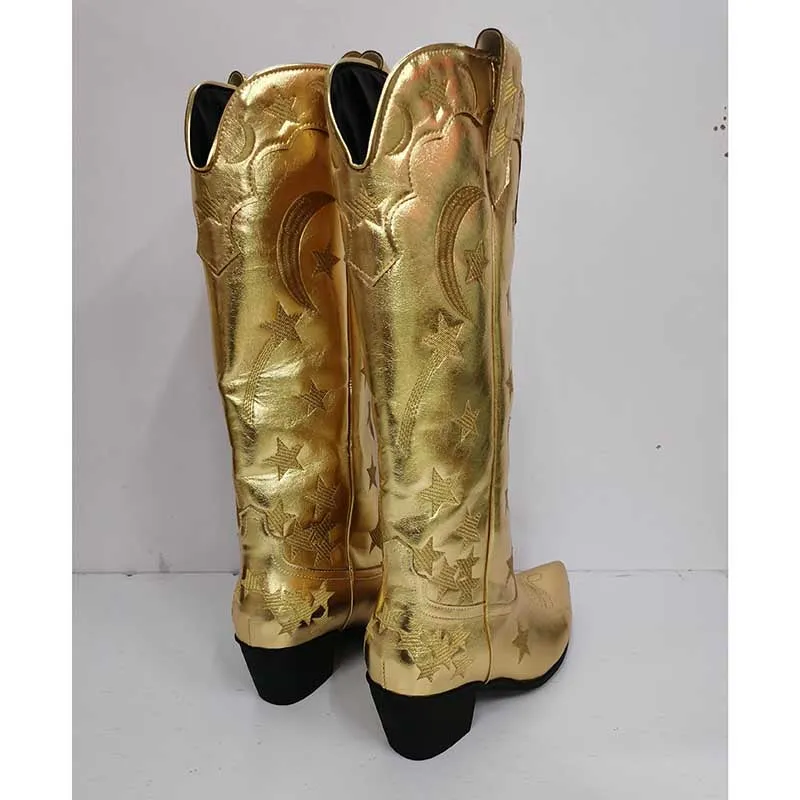 Women Stars Embroidered Cowboy Boots Trendy Chunky Knee High Cowgirl Boots