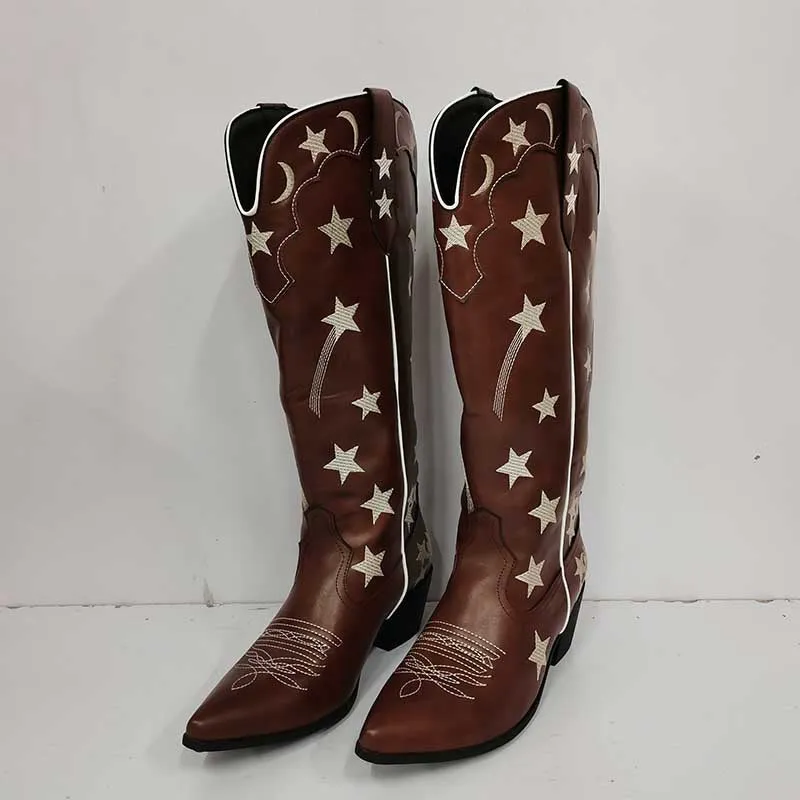 Women Stars Embroidered Cowboy Boots Trendy Chunky Knee High Cowgirl Boots