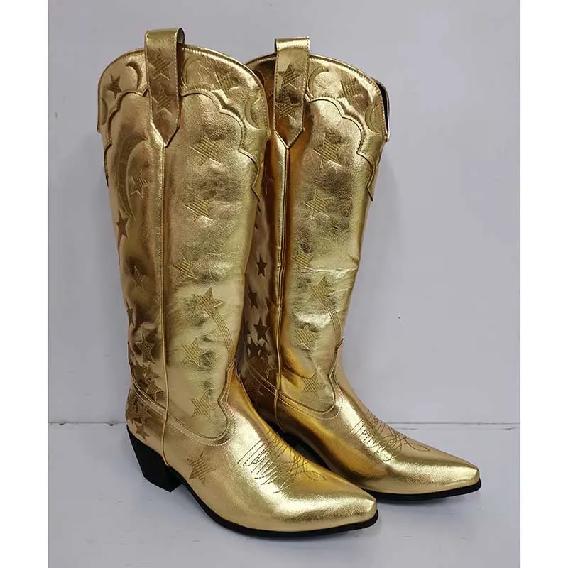 Women Stars Embroidered Cowboy Boots Trendy Chunky Knee High Cowgirl Boots