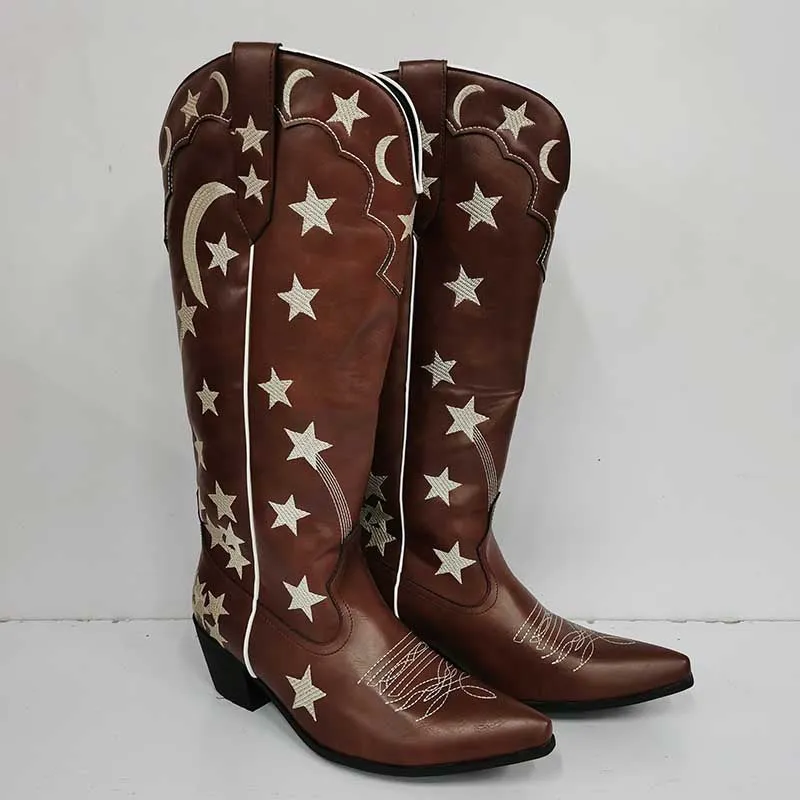 Women Stars Embroidered Cowboy Boots Trendy Chunky Knee High Cowgirl Boots