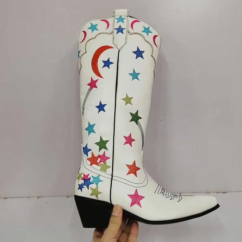 Women Stars Embroidered Cowboy Boots Trendy Chunky Knee High Cowgirl Boots