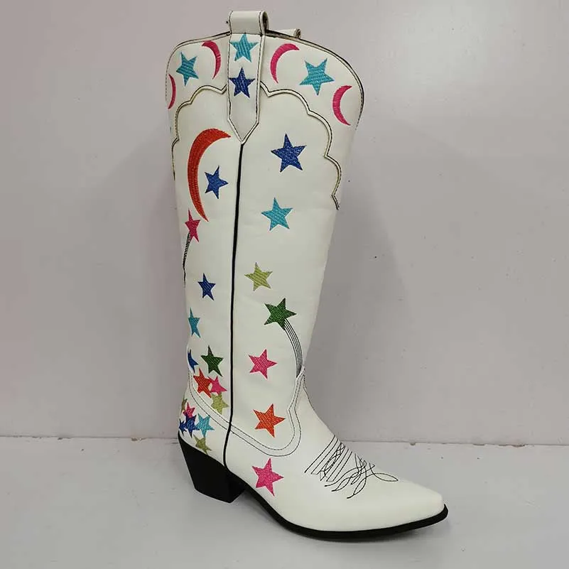 Women Stars Embroidered Cowboy Boots Trendy Chunky Knee High Cowgirl Boots
