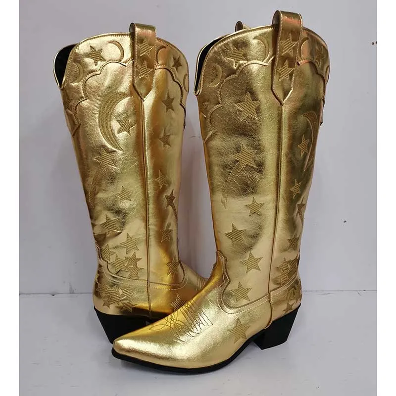 Women Stars Embroidered Cowboy Boots Trendy Chunky Knee High Cowgirl Boots