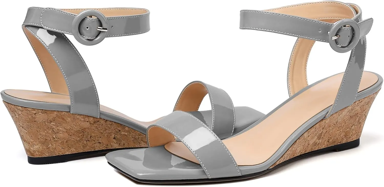 YODEKS Womens Wedge Sandals 2 Inch Low Cork Heel Pumps Square Open Toe Shoes with Ankle Strap for Party Workplace Casual Dress