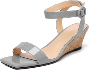 YODEKS Womens Wedge Sandals 2 Inch Low Cork Heel Pumps Square Open Toe Shoes with Ankle Strap for Party Workplace Casual Dress